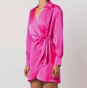 Milly Women's Pink Jordan Long Sleeve Satin Wrap Dress Size S Snags See Pics